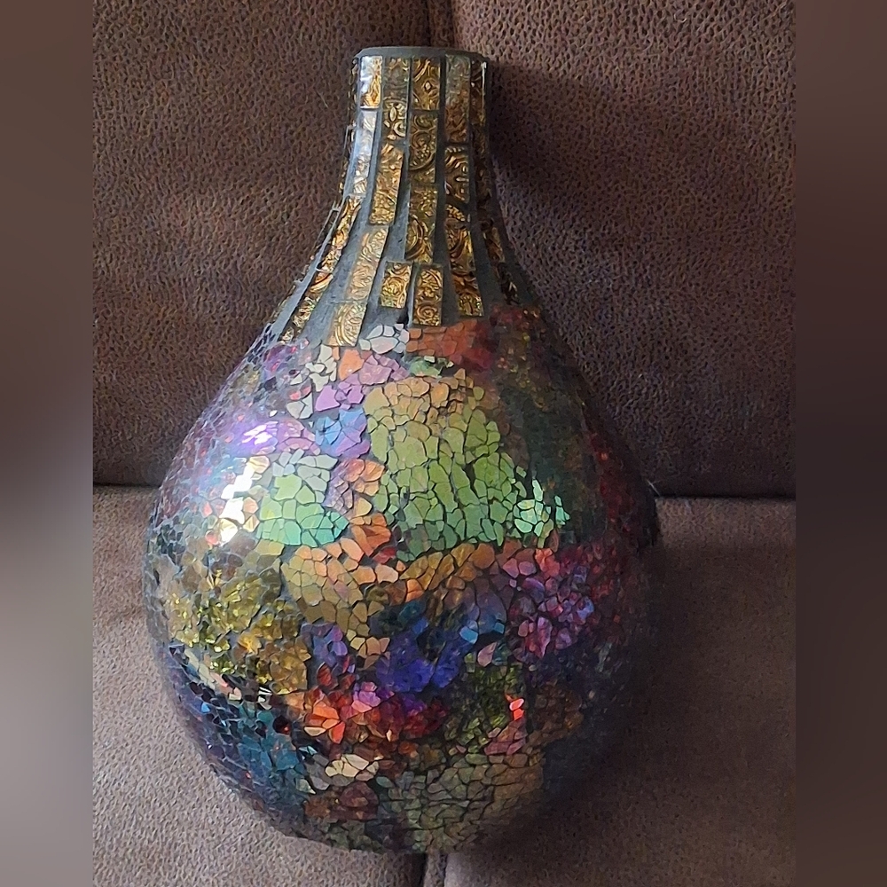Iridescent Aurora Borealis Mosaic Vase Burgundy, Gold, Blue, Purple